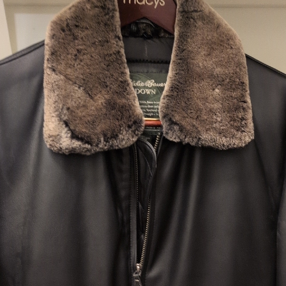 Eddie Bauer Black Bomber Jacket with Brown Faux Fur Collar